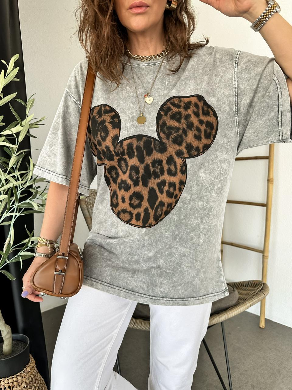 Gri Leopar Mickey Figürlü Tshirt