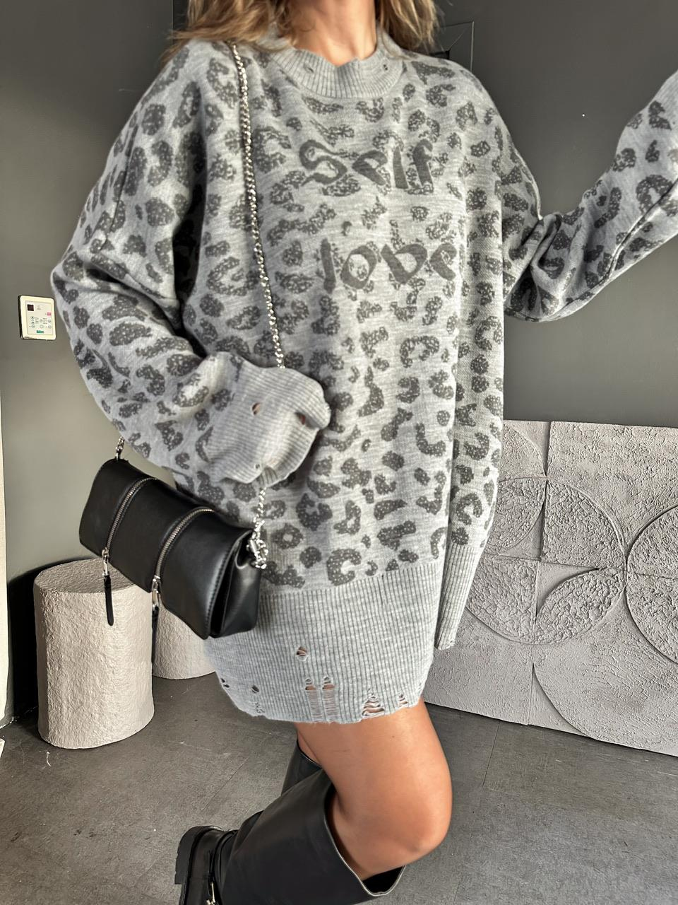 Gri Leopar Self Love Tunik Kazak