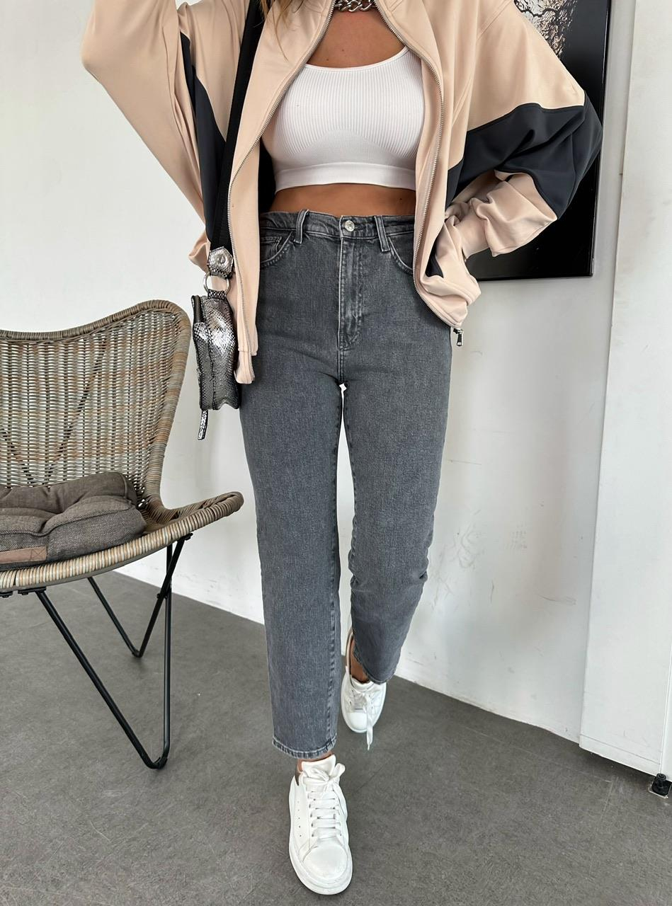 Gri Likralı Premium Mom Jean