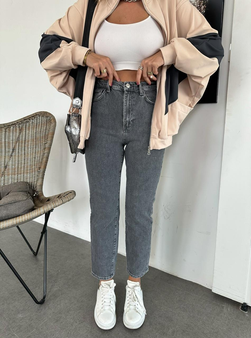 Gri Likralı Premium Mom Jean