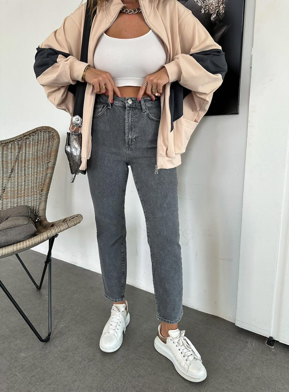 Gri Likralı Premium Mom Jean