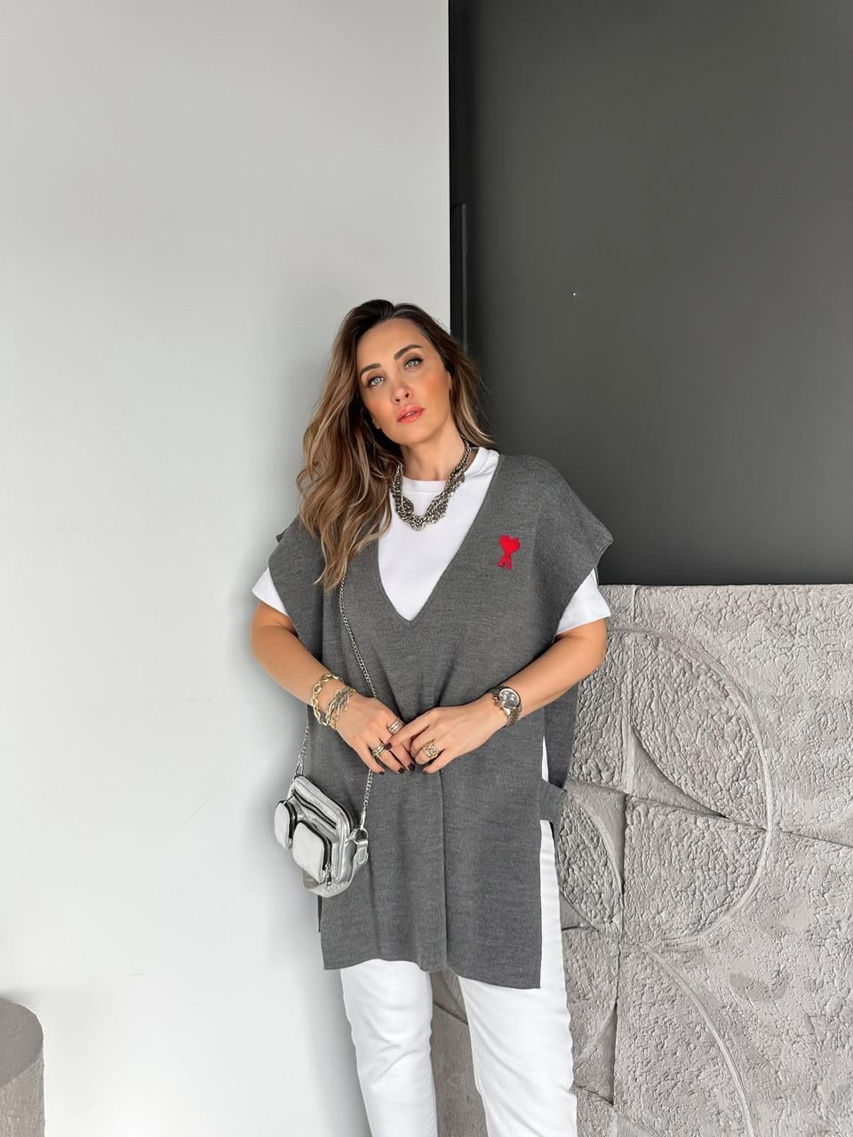Gri Logolu Triko Tunik