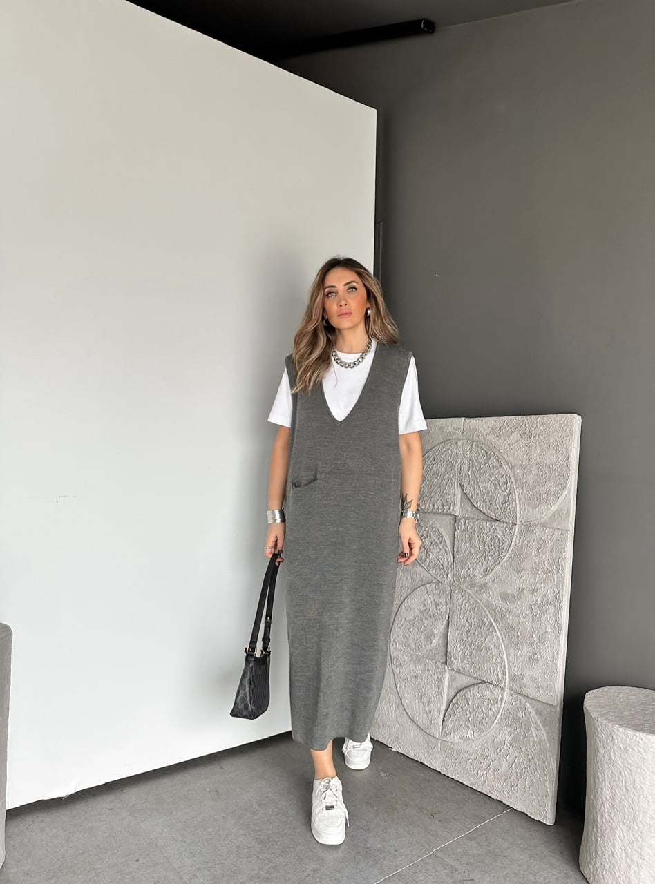 Gri Marka Model Cepli Triko Elbise