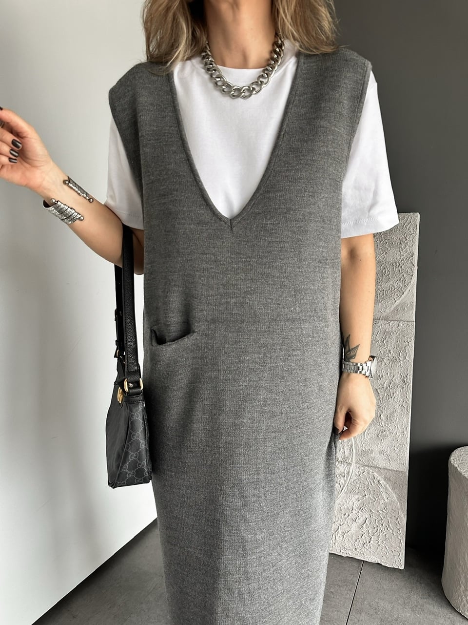 Gri Marka Model Cepli Triko Elbise