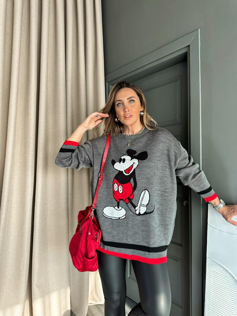 Gri Mickey Figürlü Triko Kazak