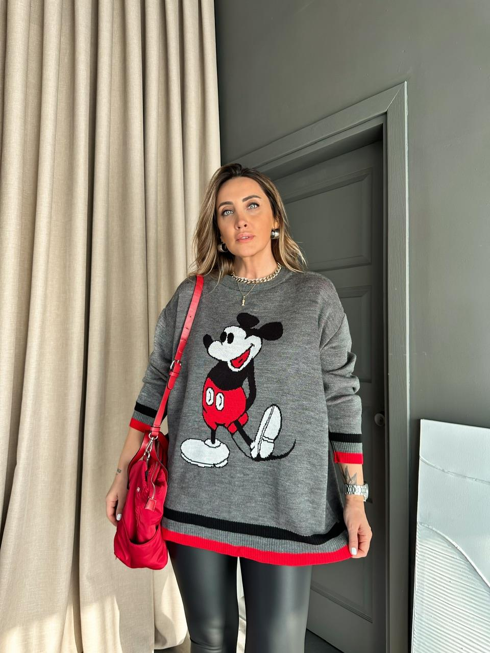 Gri Mickey Figürlü Triko Kazak