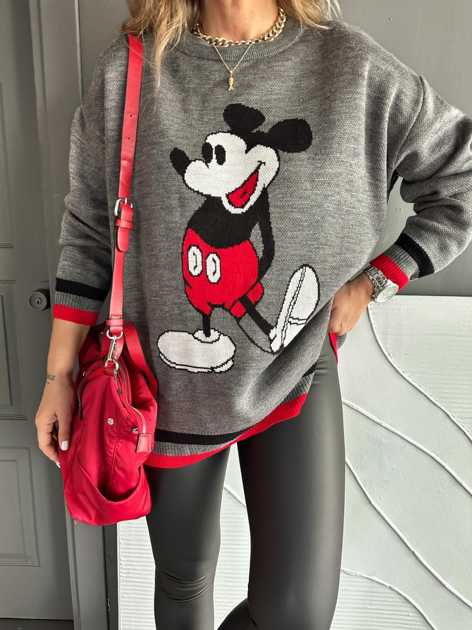 Gri Mickey Figürlü Triko Kazak