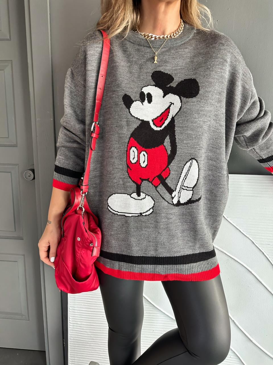 Gri Mickey Figürlü Triko Kazak