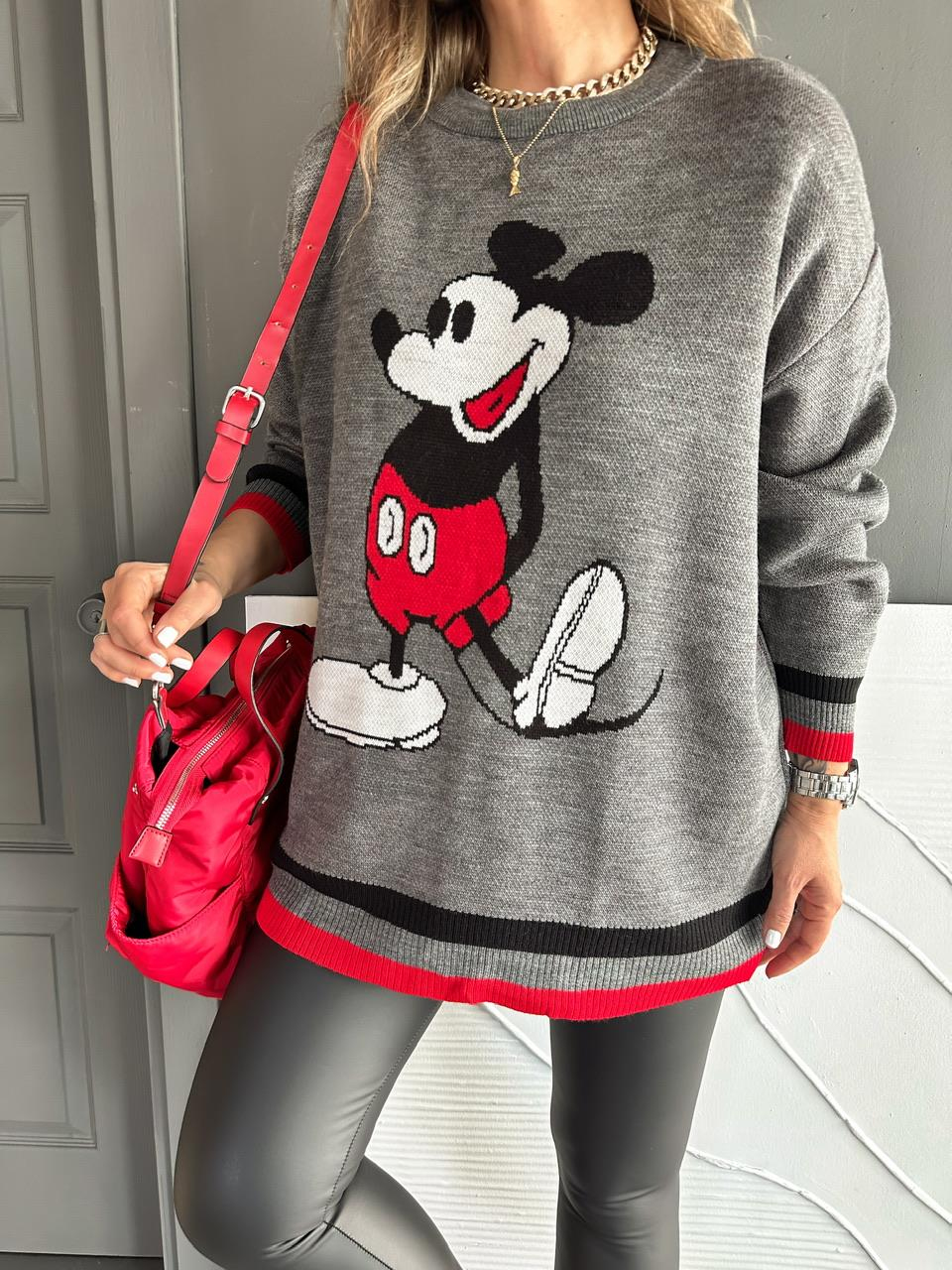 Gri Mickey Figürlü Triko Kazak
