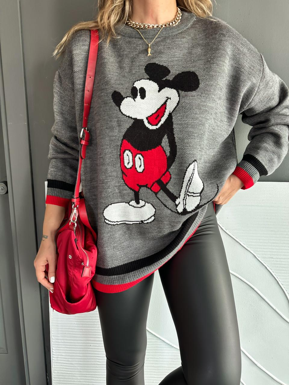 Gri Mickey Figürlü Triko Kazak