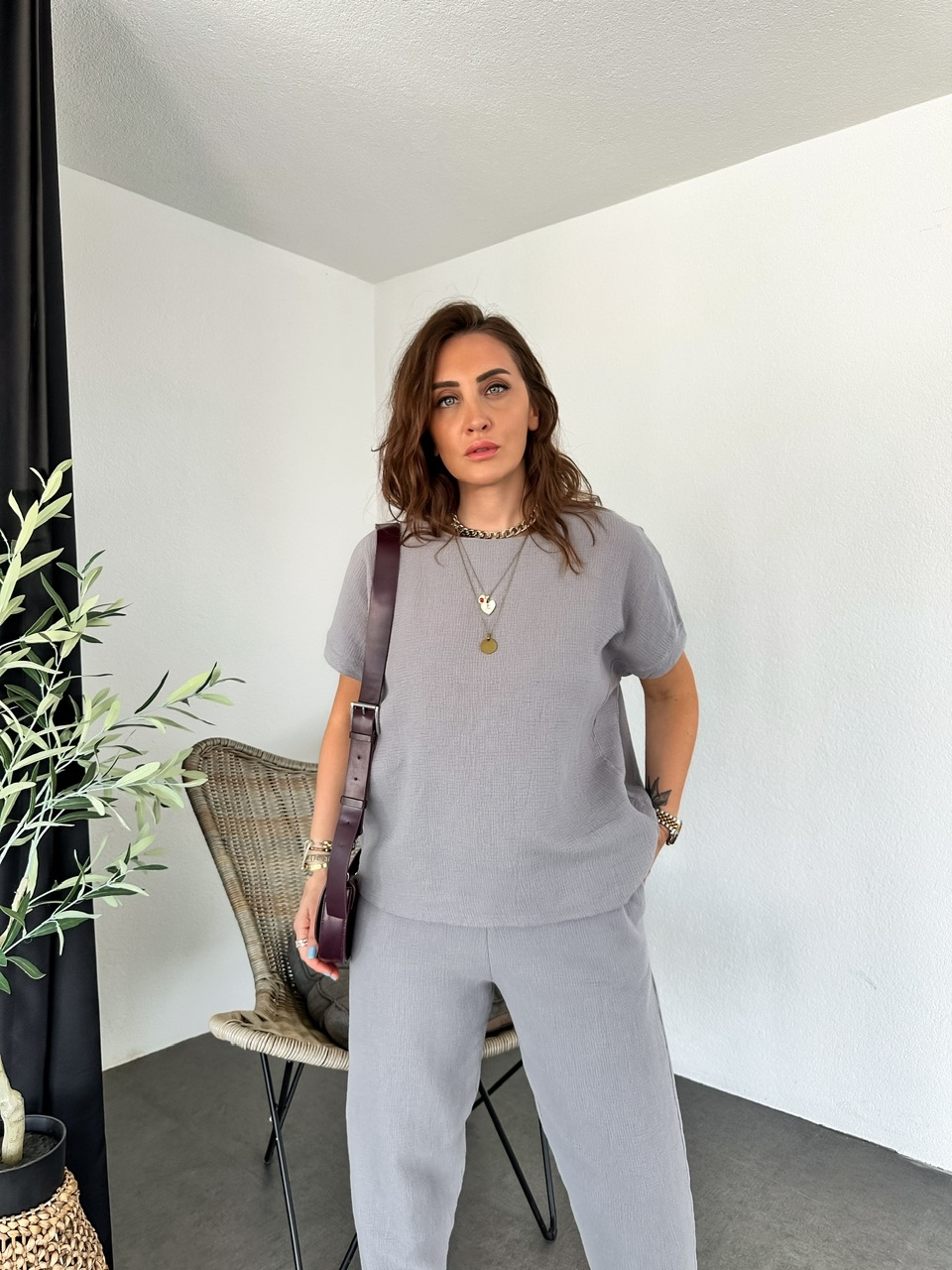 Gri Naturel Keten Dokulu Takım