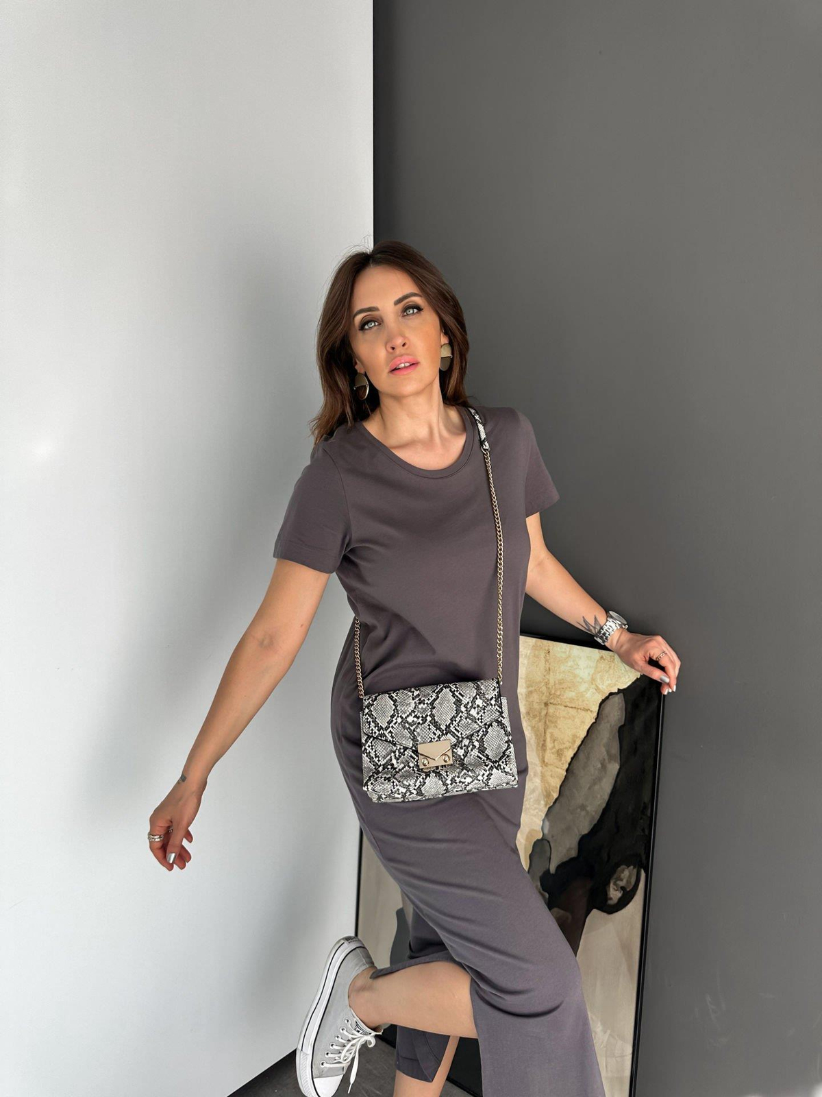 Gri Organic Cotton Yırtmaçlı Elbise