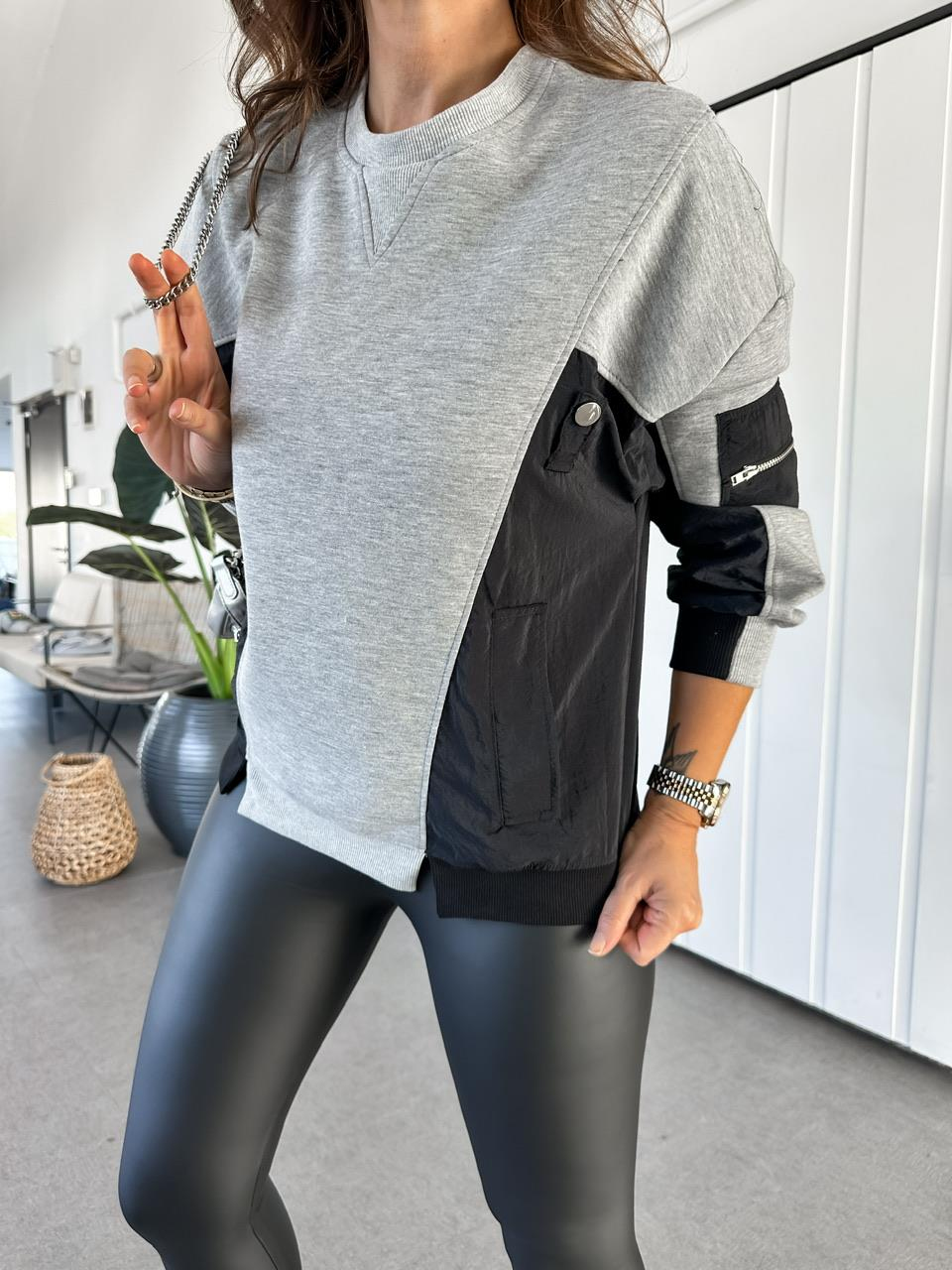 Gri Paraşüt Detaylı Cepli Sweatshirt