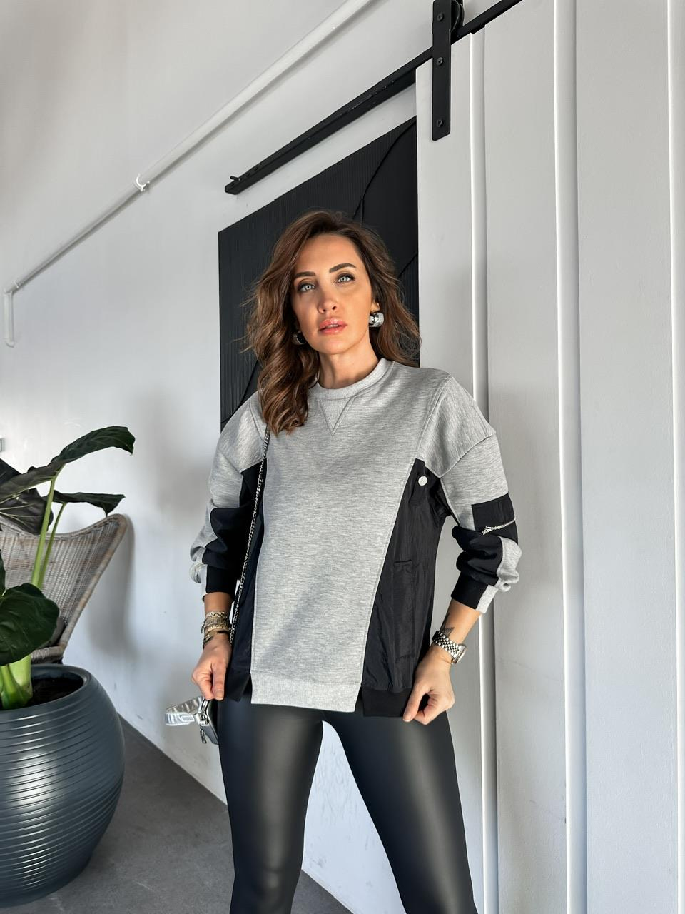 Gri Paraşüt Detaylı Cepli Sweatshirt