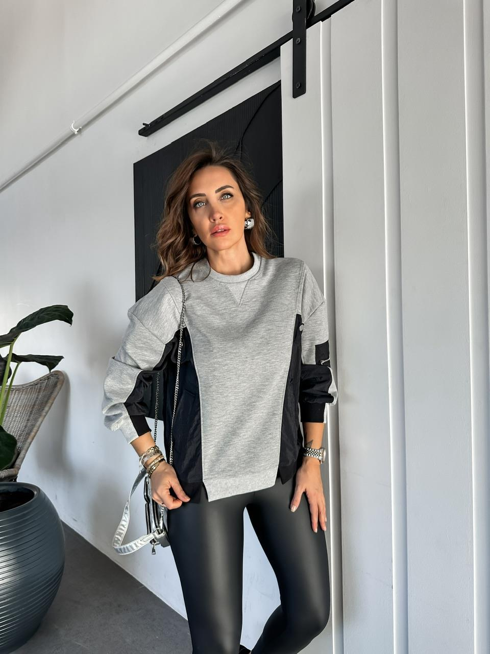Gri Paraşüt Detaylı Cepli Sweatshirt