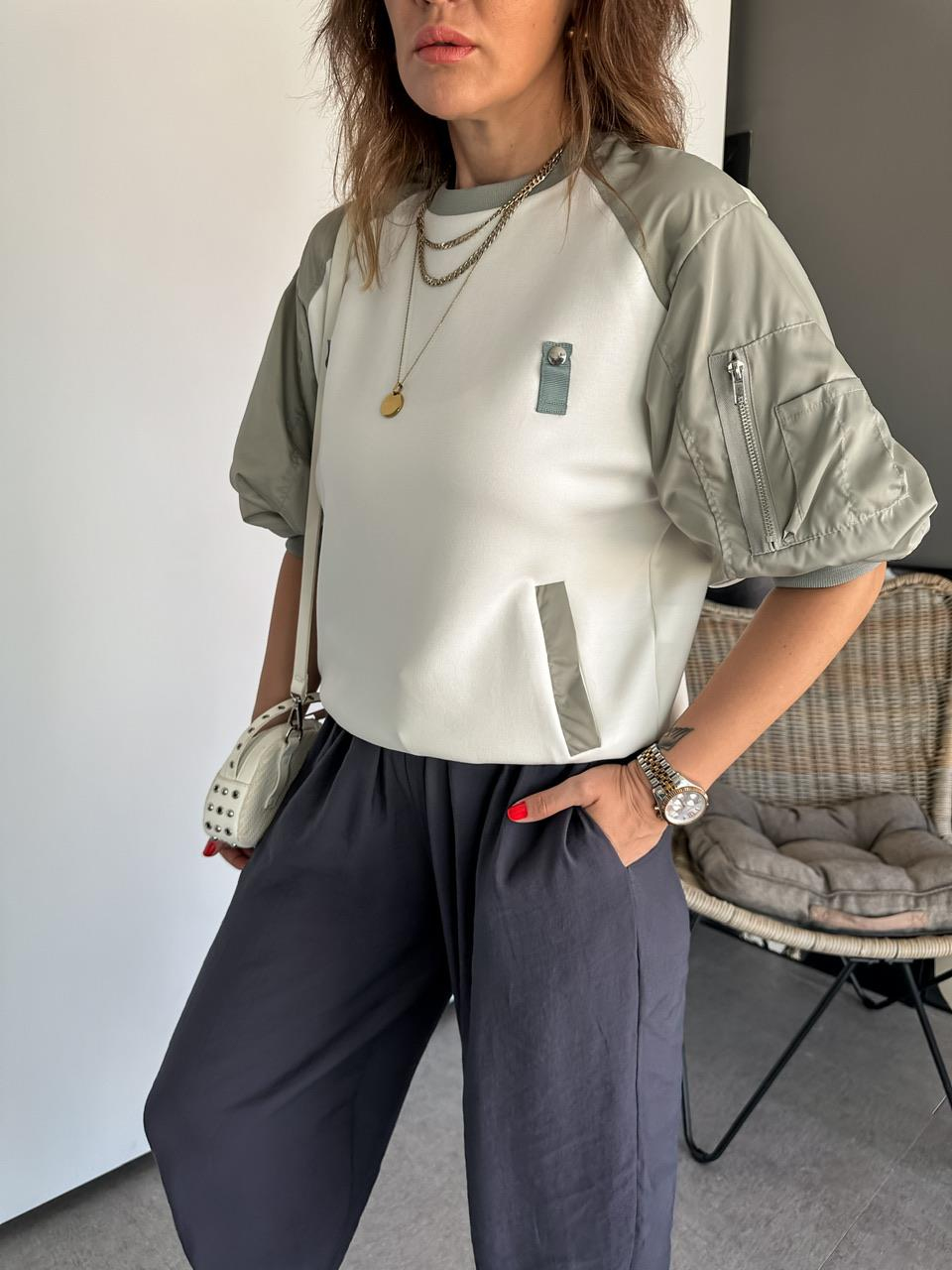 Gri Paraşüt Kollu Parçalı Tasarım Sweatshirt