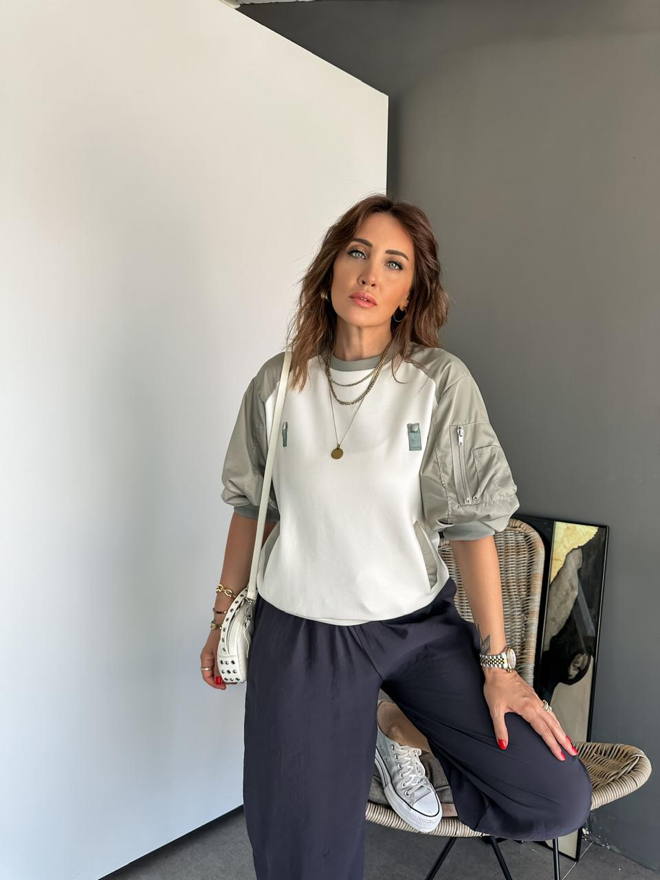 Gri Paraşüt Kollu Parçalı Tasarım Sweatshirt