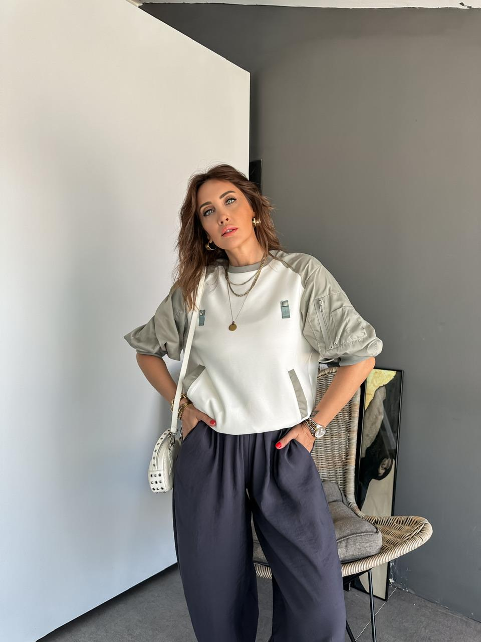 Gri Paraşüt Kollu Parçalı Tasarım Sweatshirt