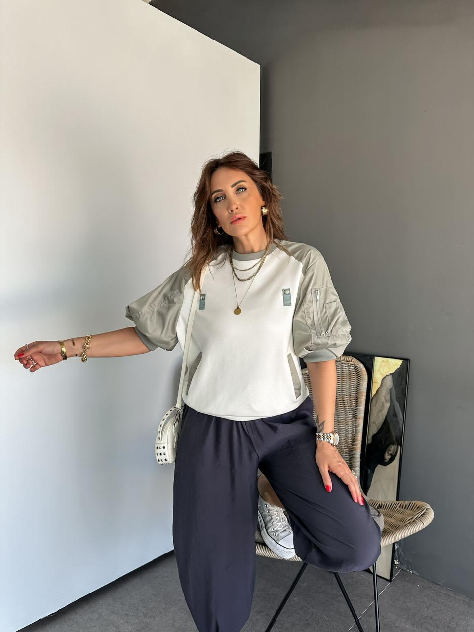 Gri Paraşüt Kollu Parçalı Tasarım Sweatshirt