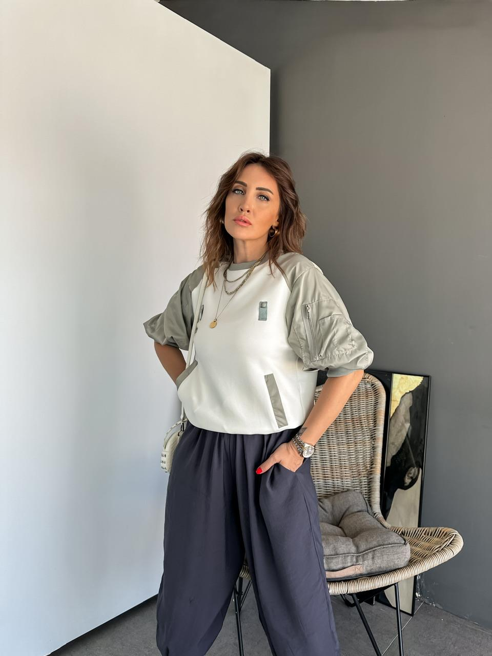 Gri Paraşüt Kollu Parçalı Tasarım Sweatshirt