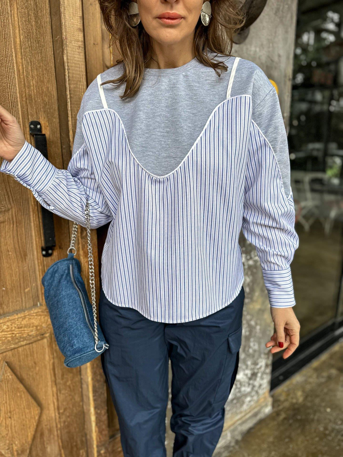 Gri Poplin Detaylı Sweatshirt