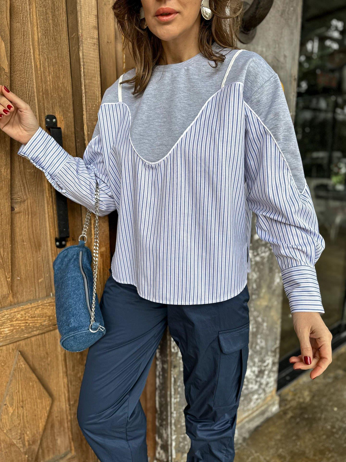 Gri Poplin Detaylı Sweatshirt