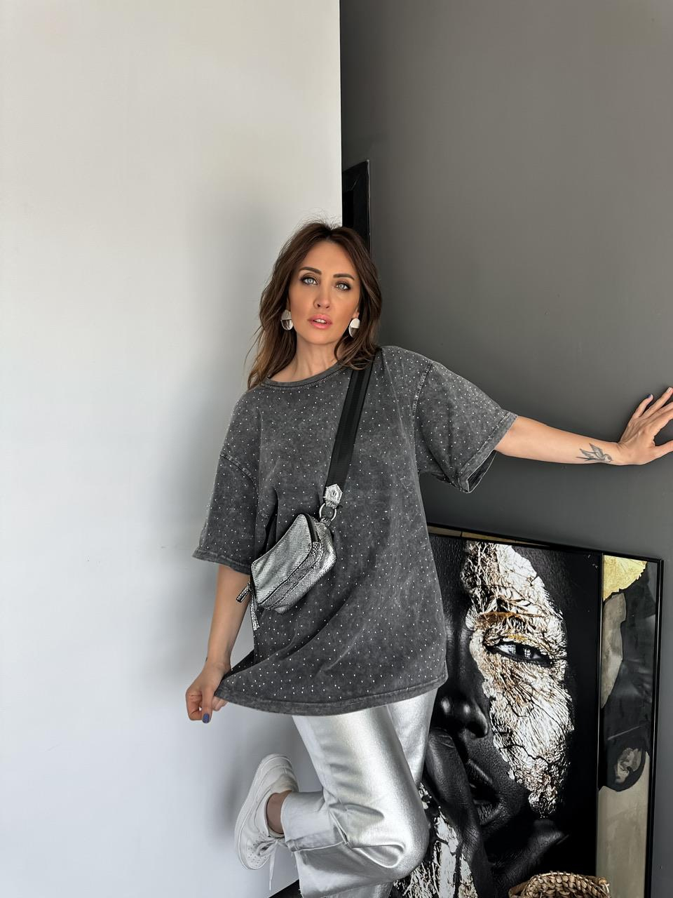 Gri Serpme Taşlı Premium Tshirt 