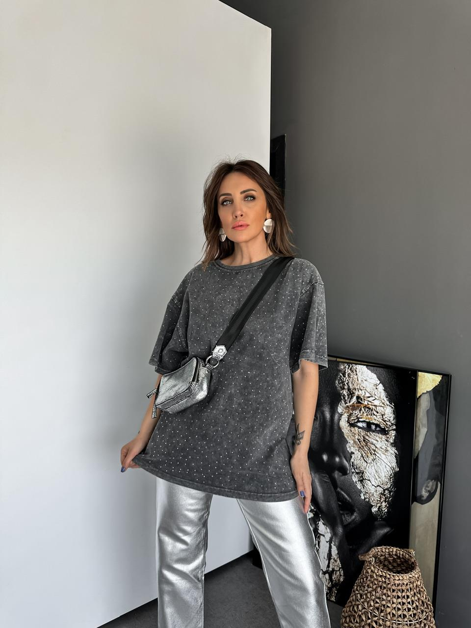 Gri Serpme Taşlı Premium Tshirt 