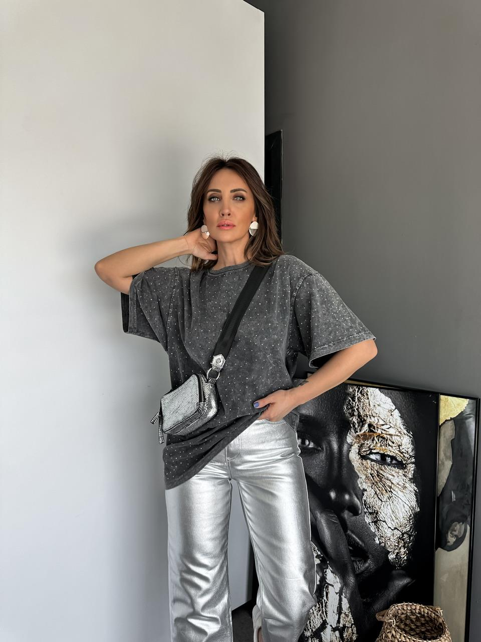 Gri Serpme Taşlı Premium Tshirt 