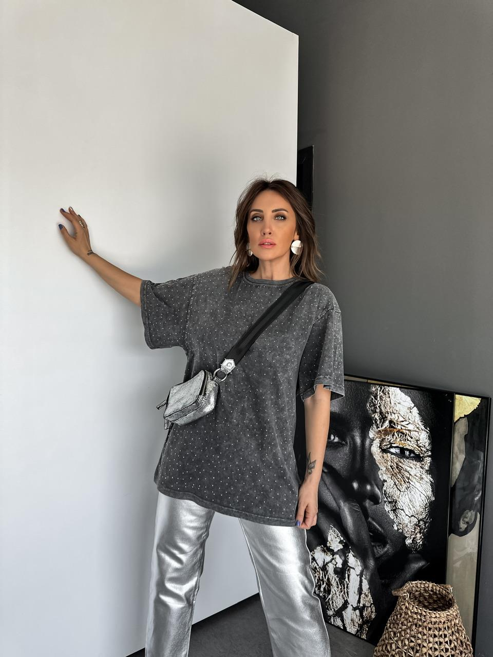 Gri Serpme Taşlı Premium Tshirt 