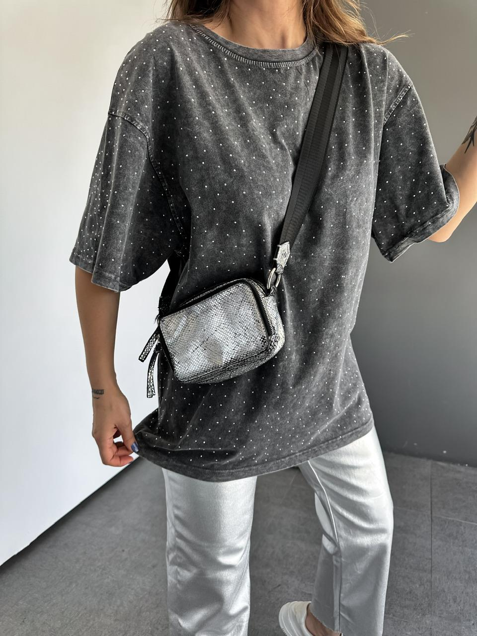 Gri Serpme Taşlı Premium Tshirt 