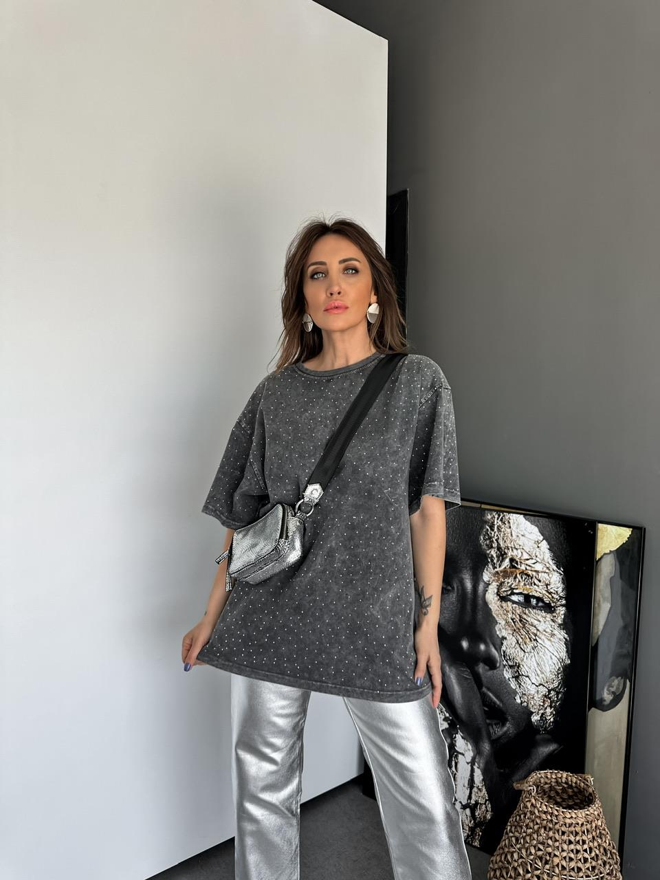 Gri Serpme Taşlı Premium Tshirt 