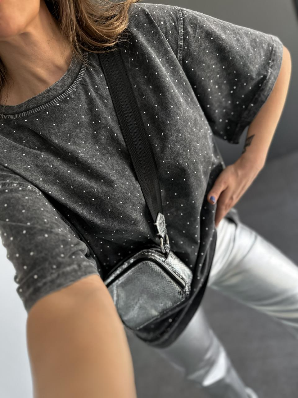 Gri Serpme Taşlı Premium Tshirt 