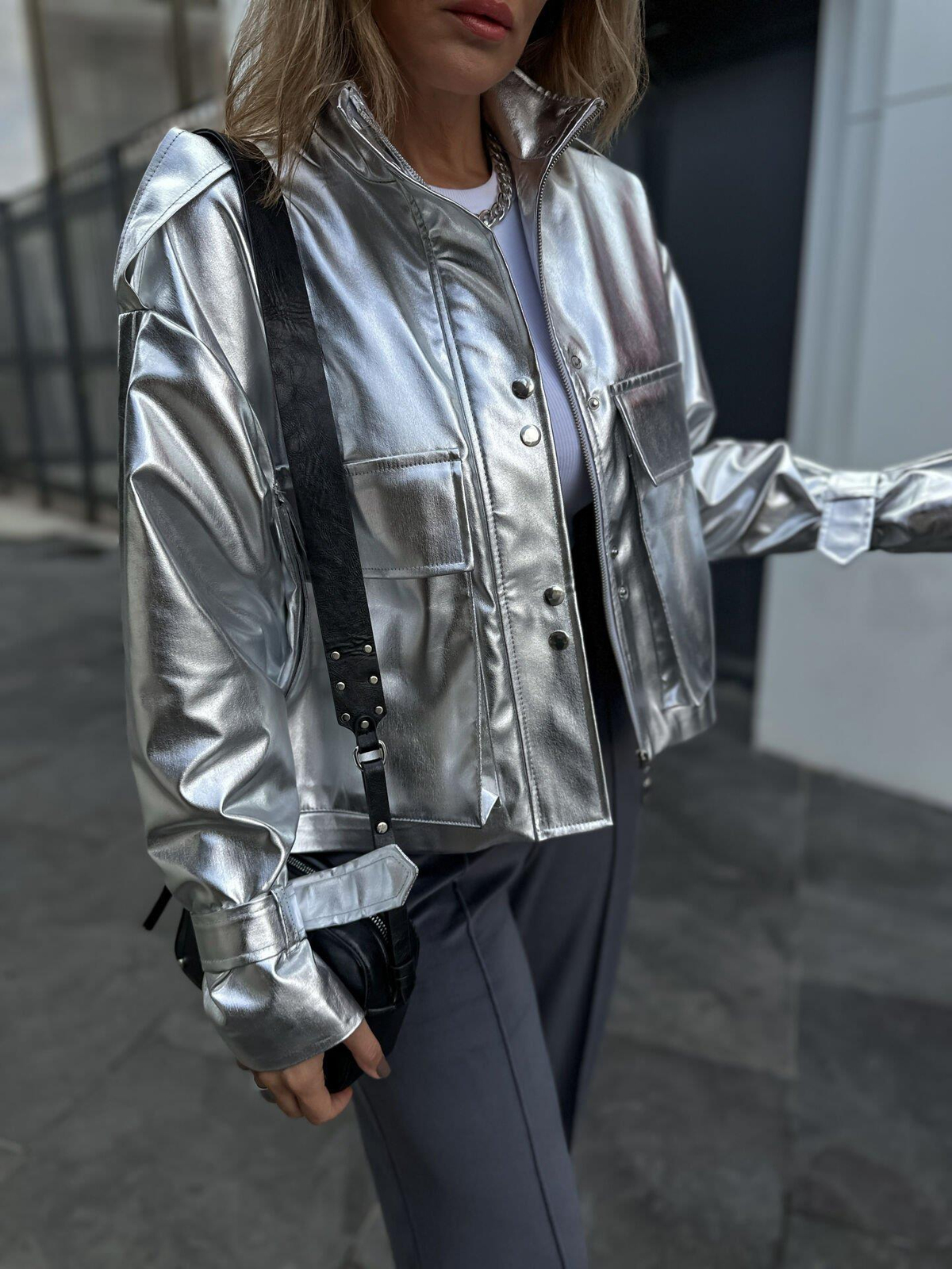 Gri Silver Cep Detaylı Ceket