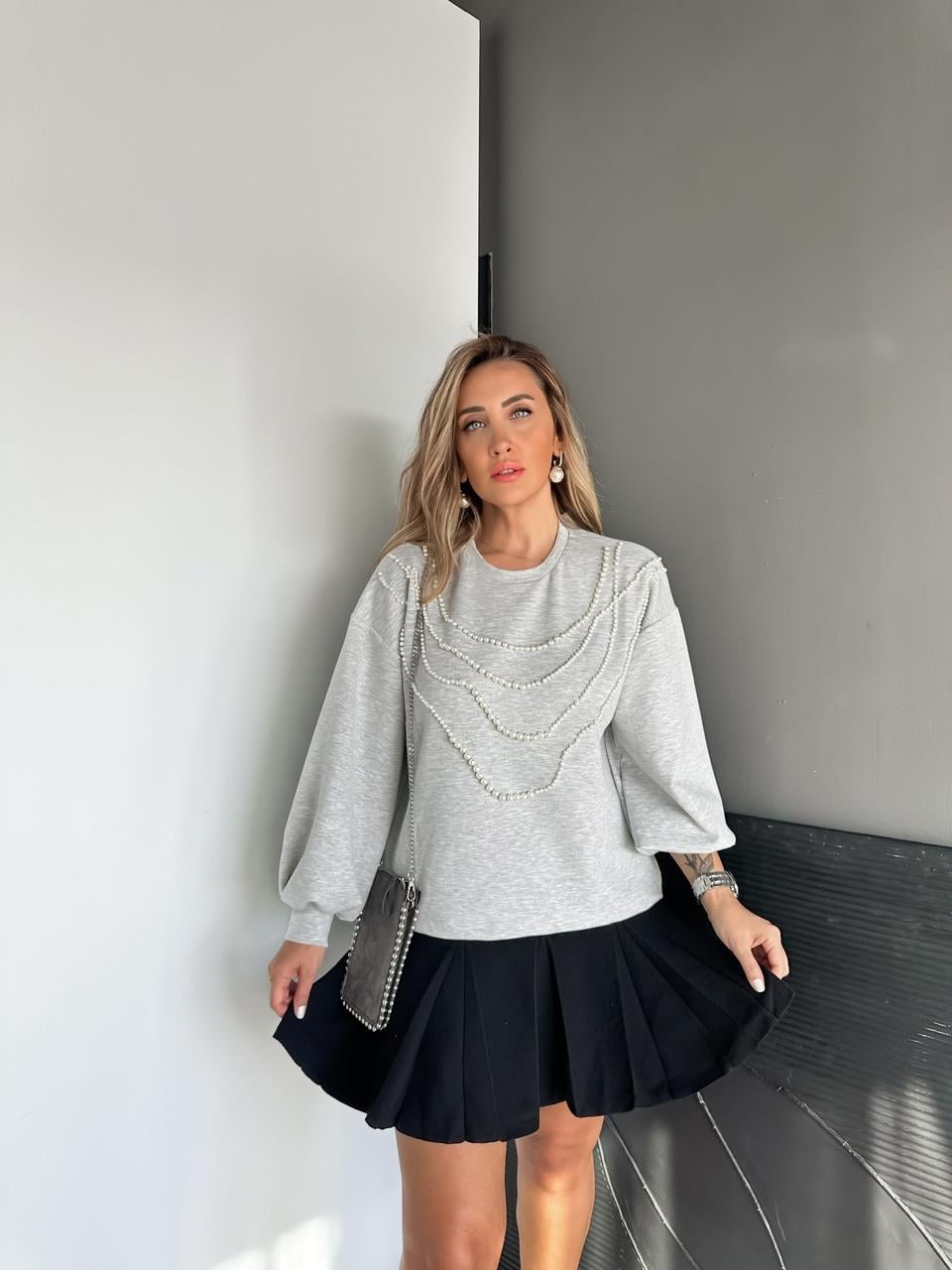 Gri Sıra İncili Beli İpli Sweathirt