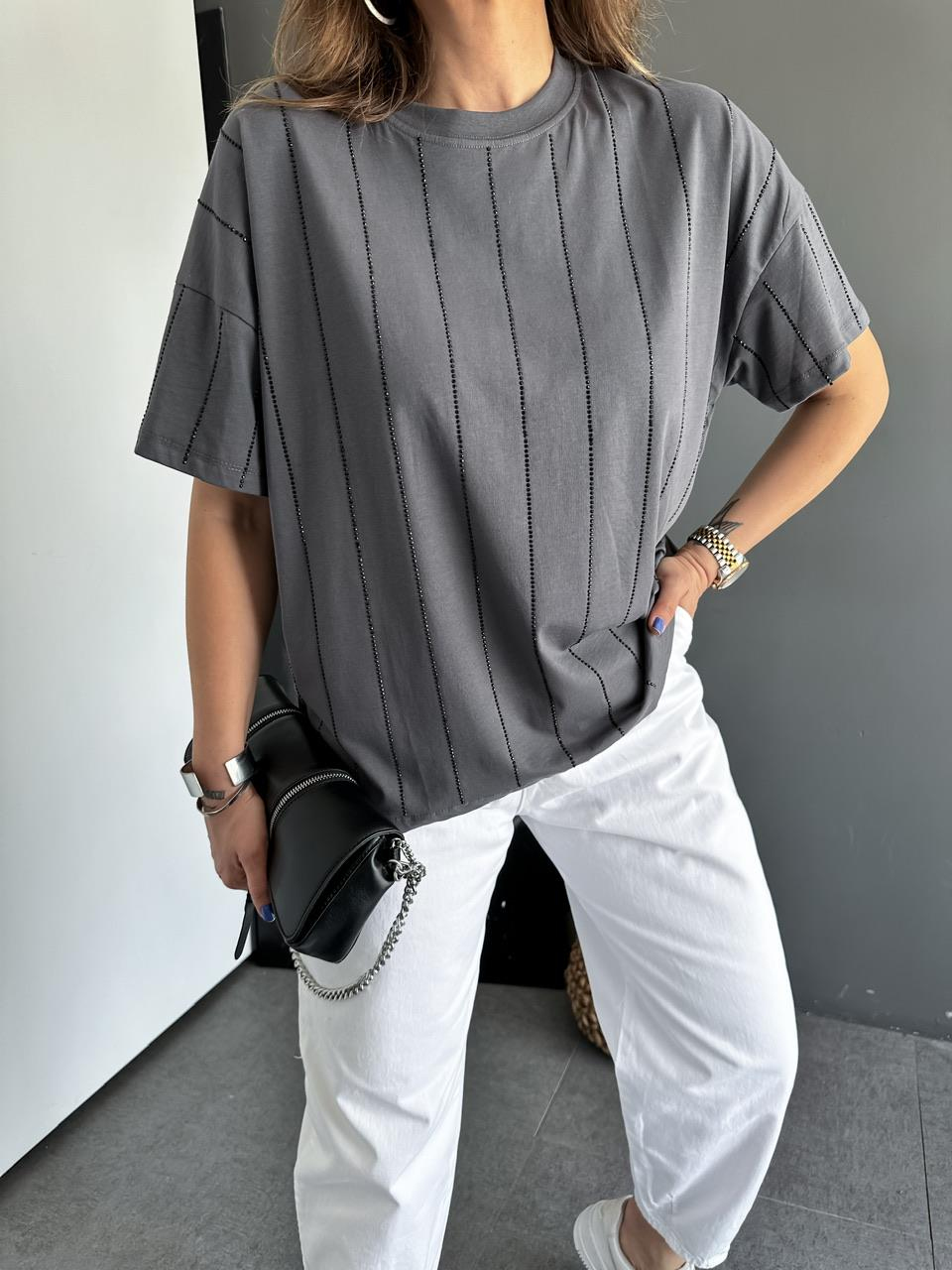 Gri Siyah Taşlı Tshirt