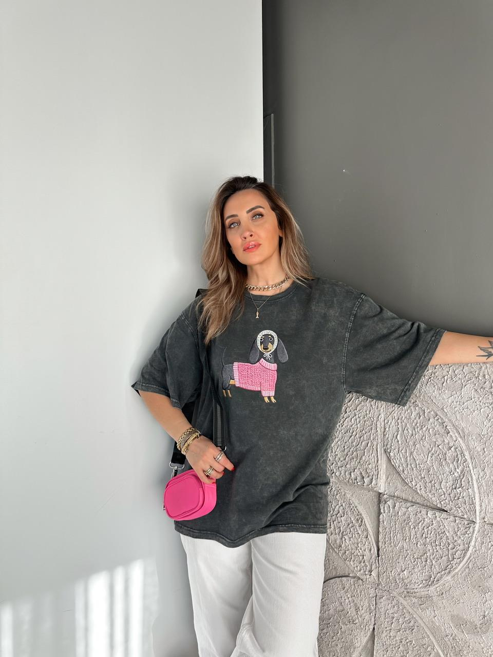 Gri Sosis Köpek Yıkamalı Tshirt
