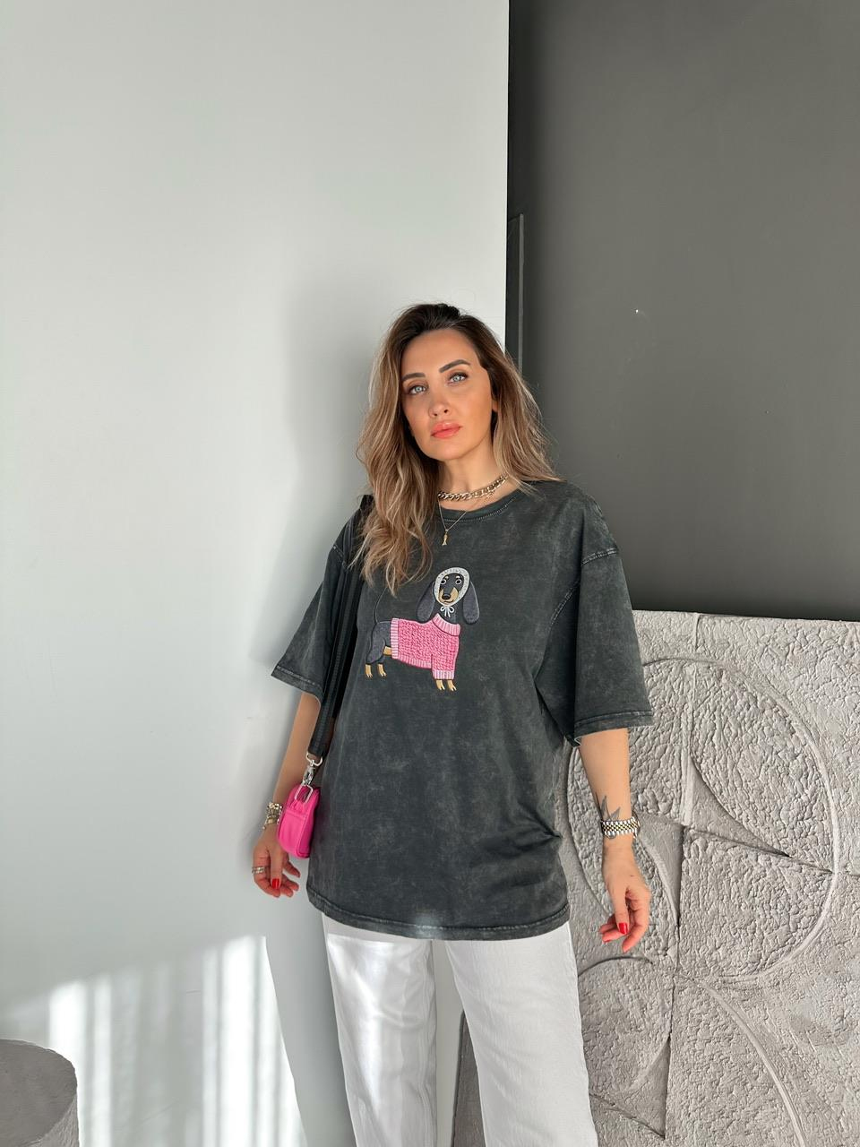 Gri Sosis Köpek Yıkamalı Tshirt