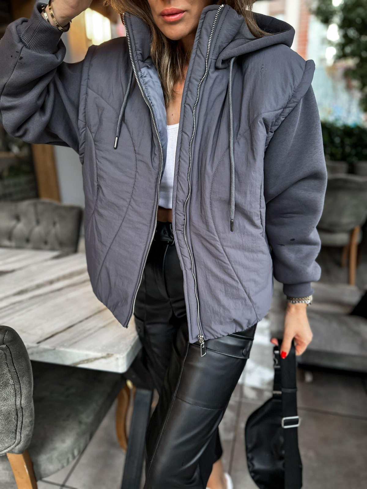Gri Sweat Detaylı Premium Mont