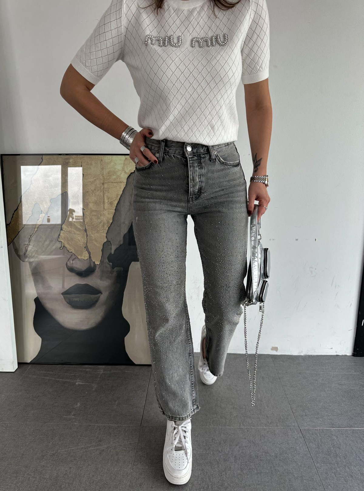 Gri Taşlı Premium Jean
