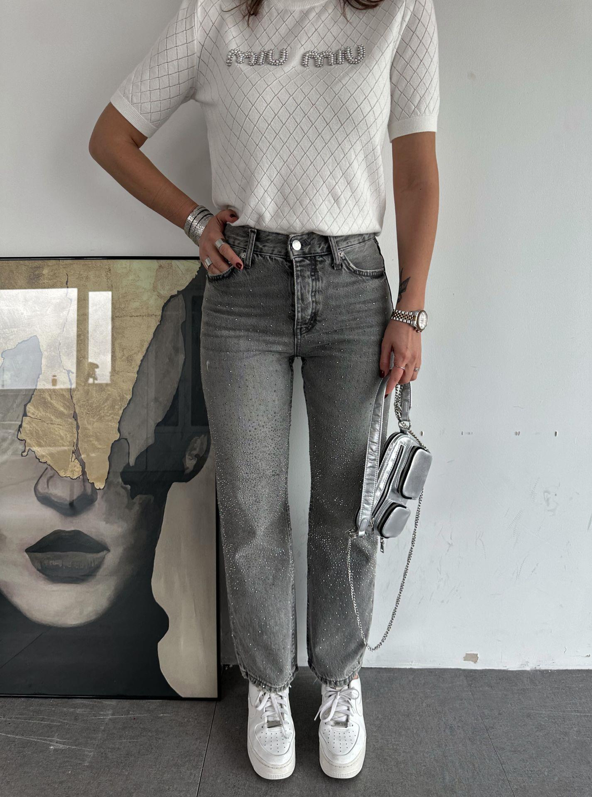 Gri Taşlı Premium Jean