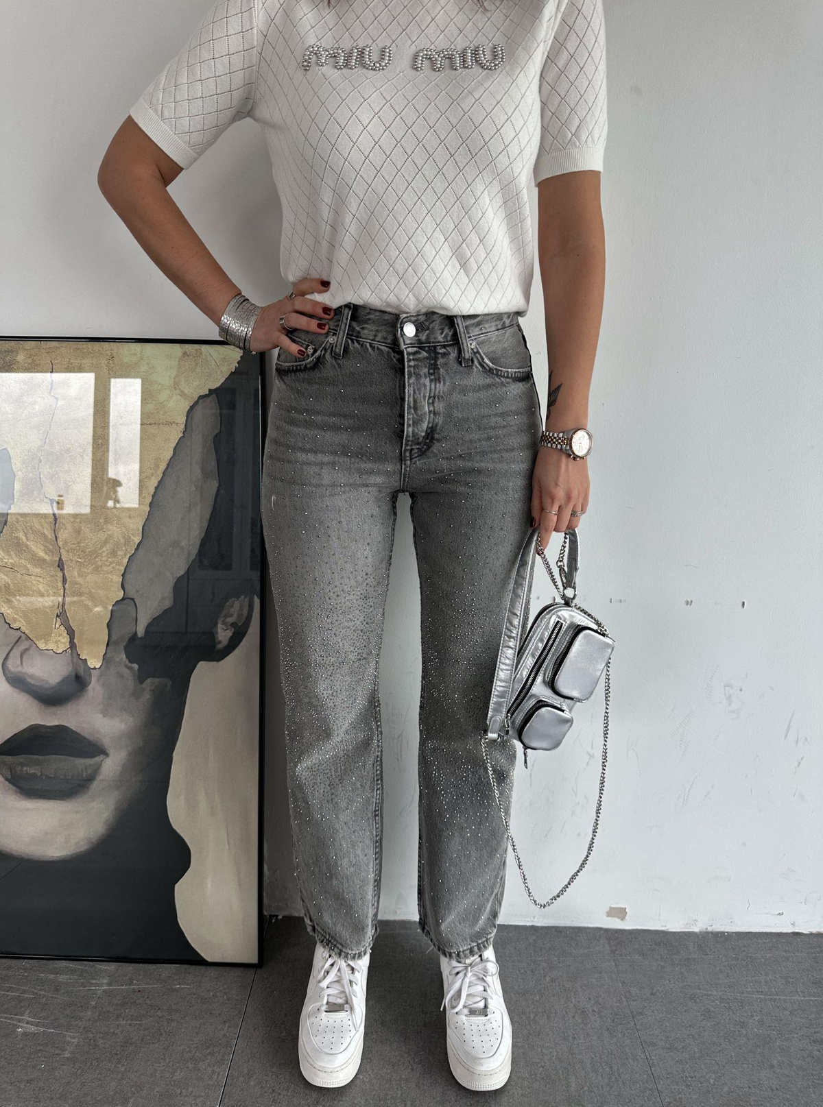 Gri Taşlı Premium Jean