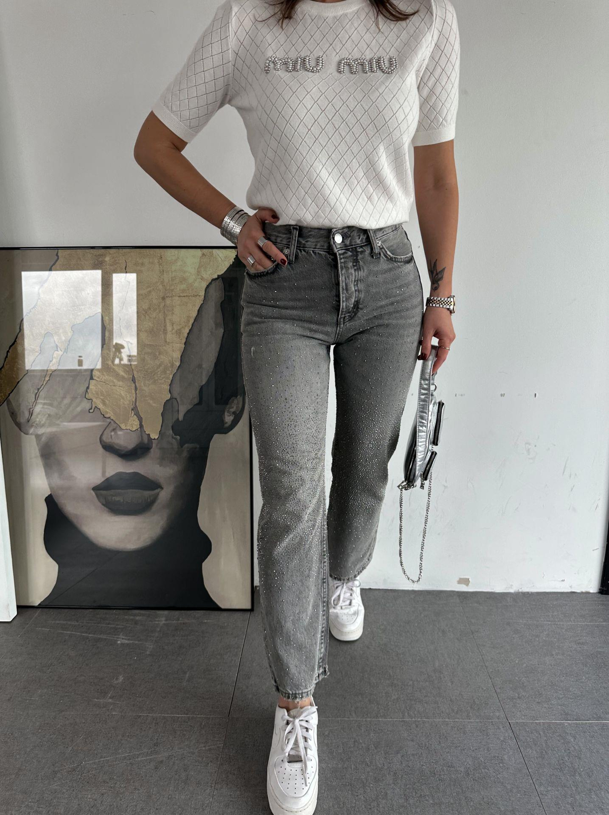 Gri Taşlı Premium Jean