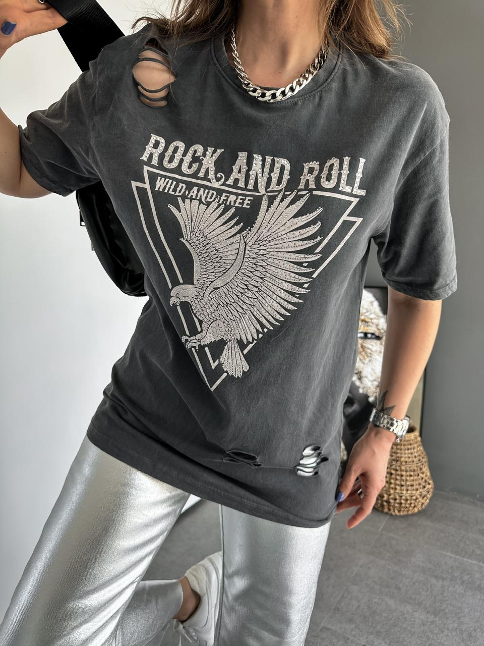 Gri Taşlı Rock Tshirt
