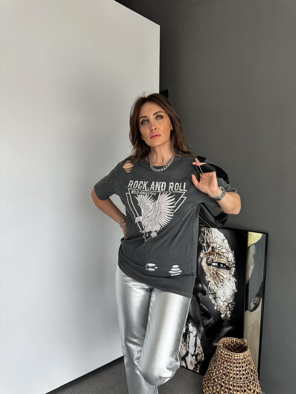 Gri Taşlı Rock Tshirt