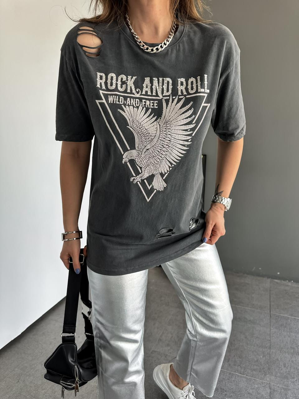 Gri Taşlı Rock Tshirt