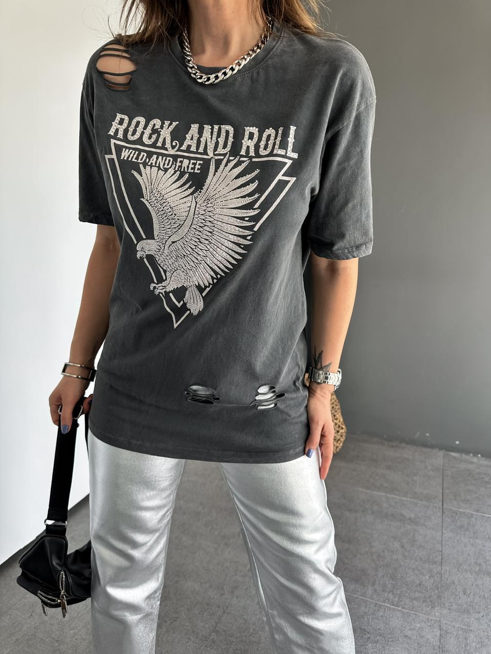 Gri Taşlı Rock Tshirt