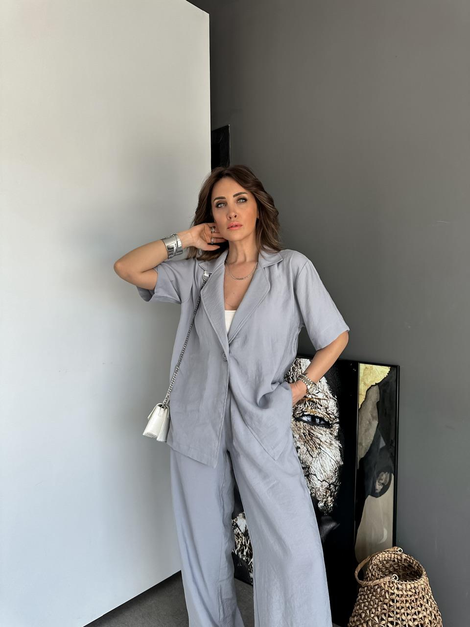 Gri Tek Düğmeli Salaş Takım