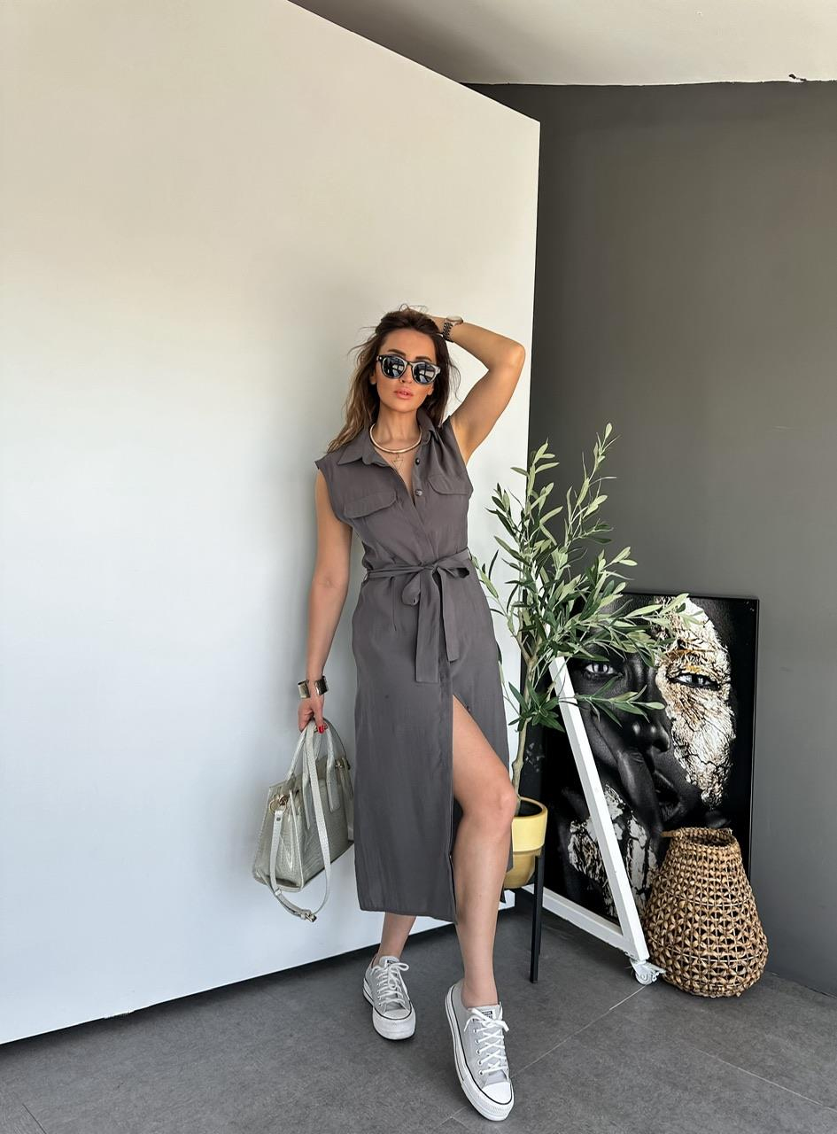 Gri Tensel Kuşaklı Elbise