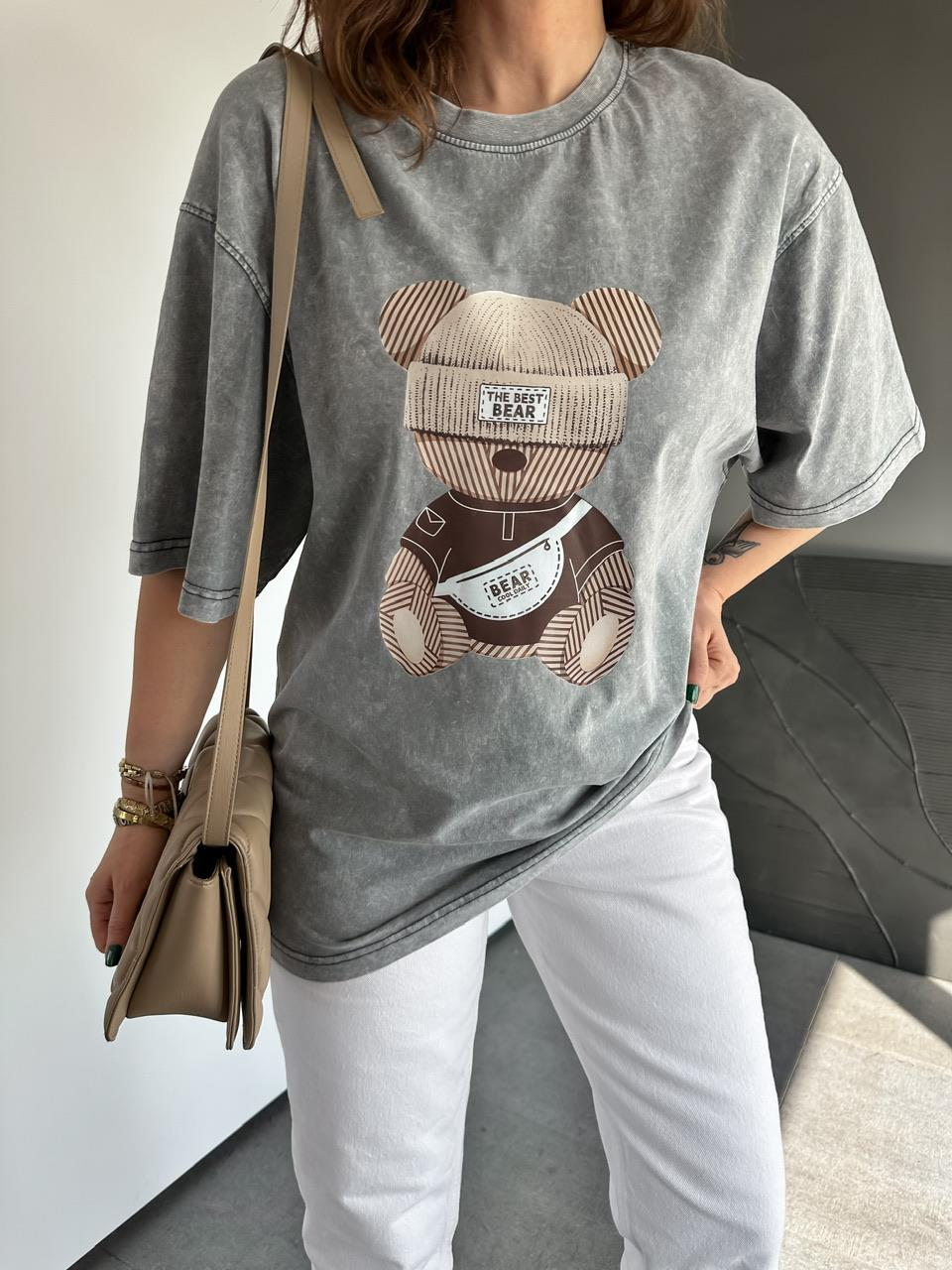 Gri The Best Bear Yıkamalı Tshirt
